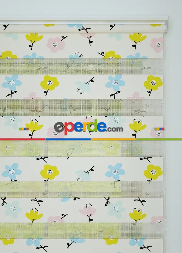 Pembe Mavi Çiçek Desenli Baskılı Zebra Perde