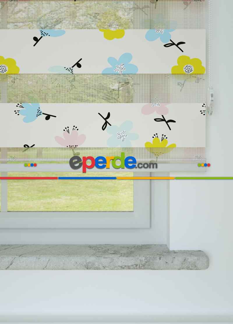 Çocuk Odası - Pembe Mavi Çiçek Desenli Baskılı Zebra Perde