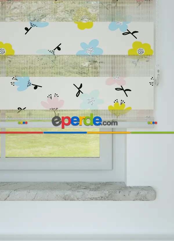 Pembe Mavi Çiçek Desenli Baskılı Zebra Perde