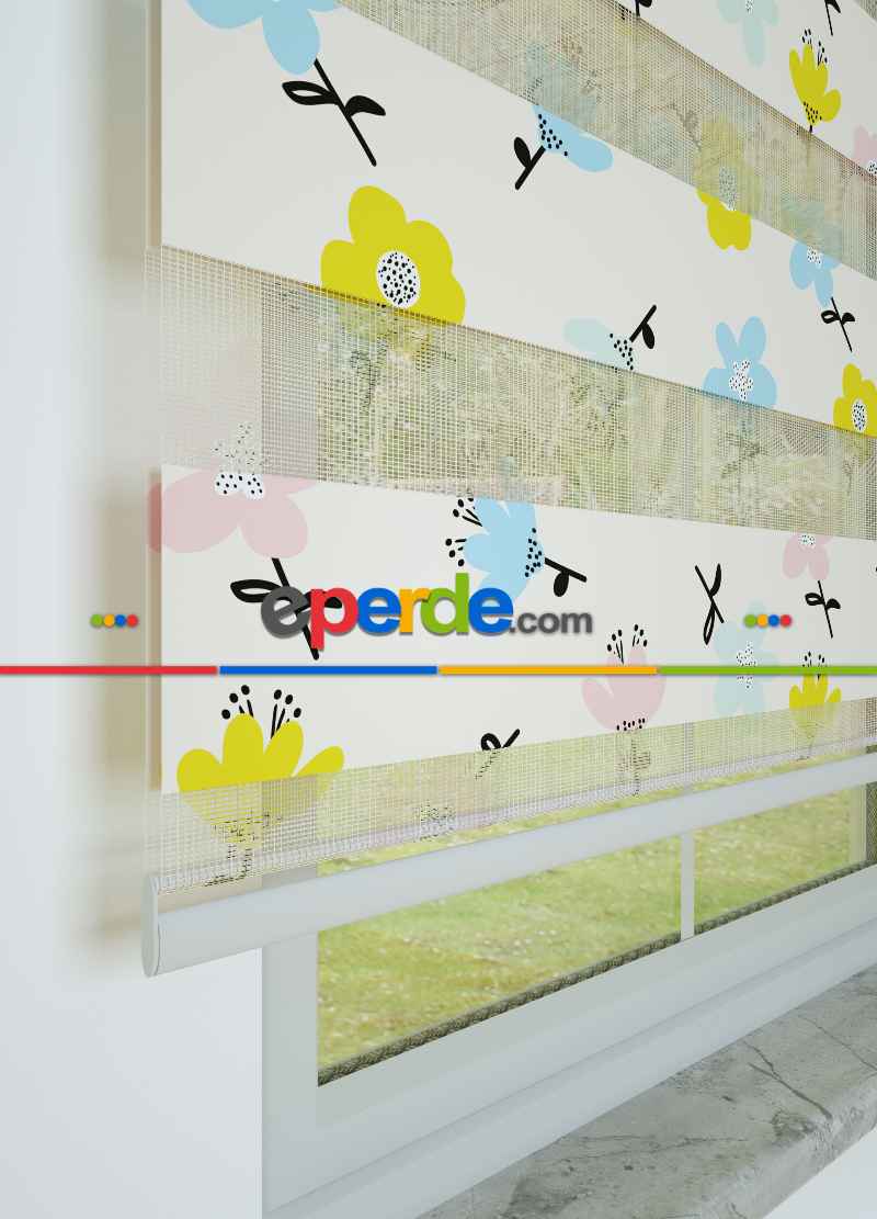 Çocuk Odası - Pembe Mavi Çiçek Desenli Baskılı Zebra Perde