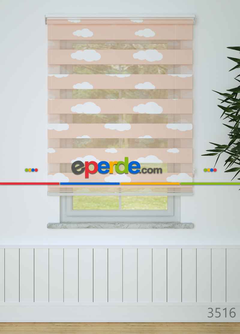 Bebek Odası - Somon Bulut Desenli Baskılı Zebra Perde