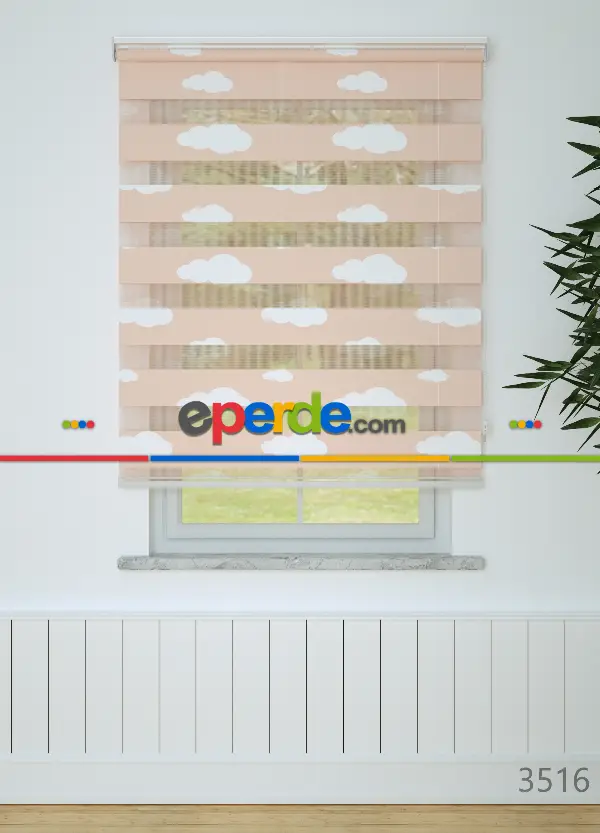 Bebek Odası - Somon Bulut Desenli Baskılı Zebra Perde