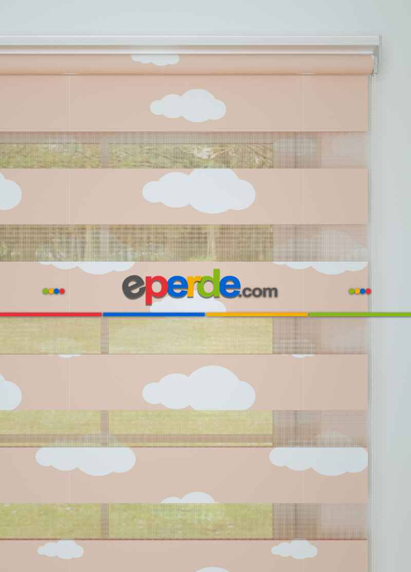 Bebek Odası - Somon Bulut Desenli Baskılı Zebra Perde