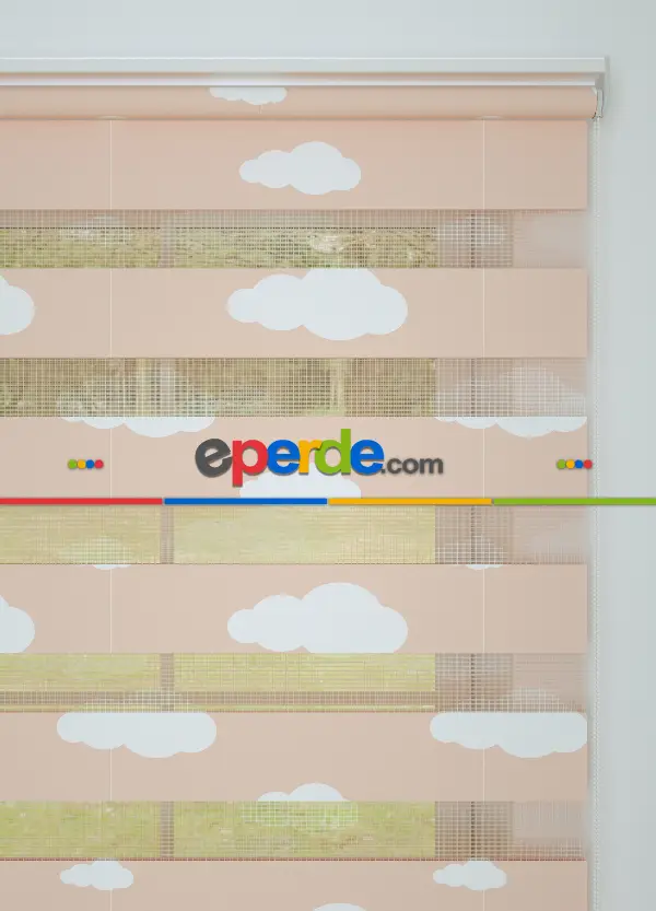 Bebek Odası - Somon Bulut Desenli Baskılı Zebra Perde