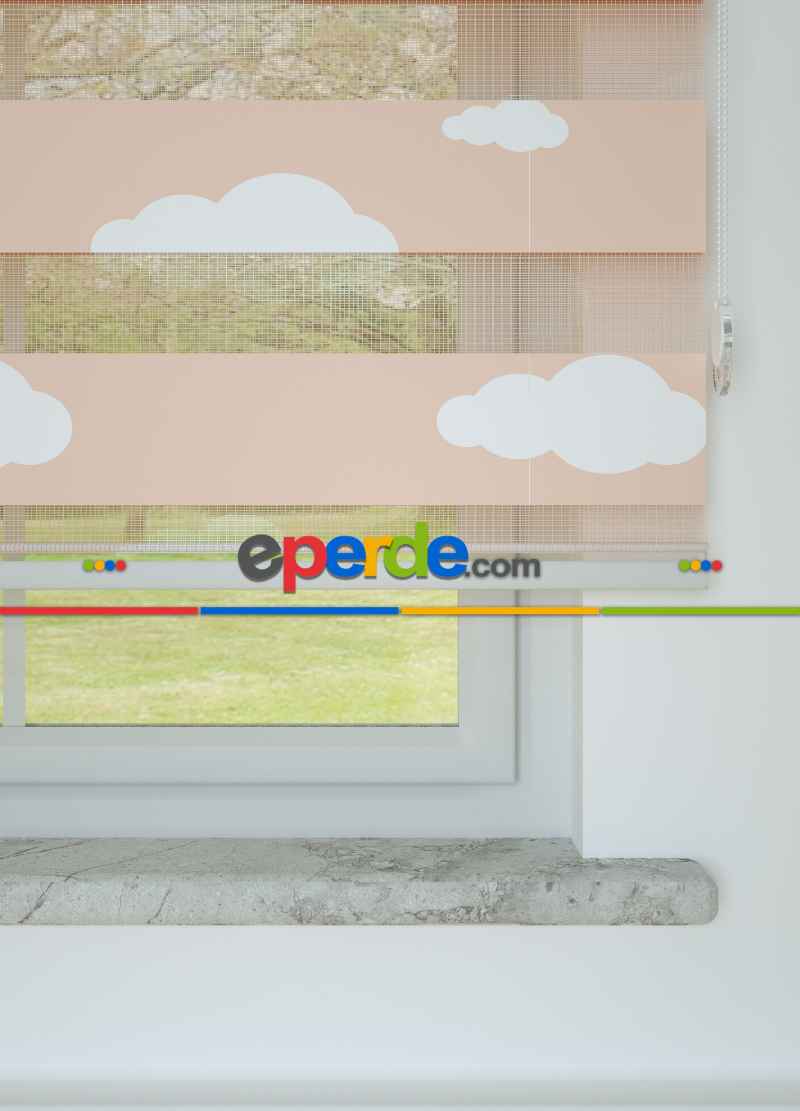 Bebek Odası - Somon Bulut Desenli Baskılı Zebra Perde