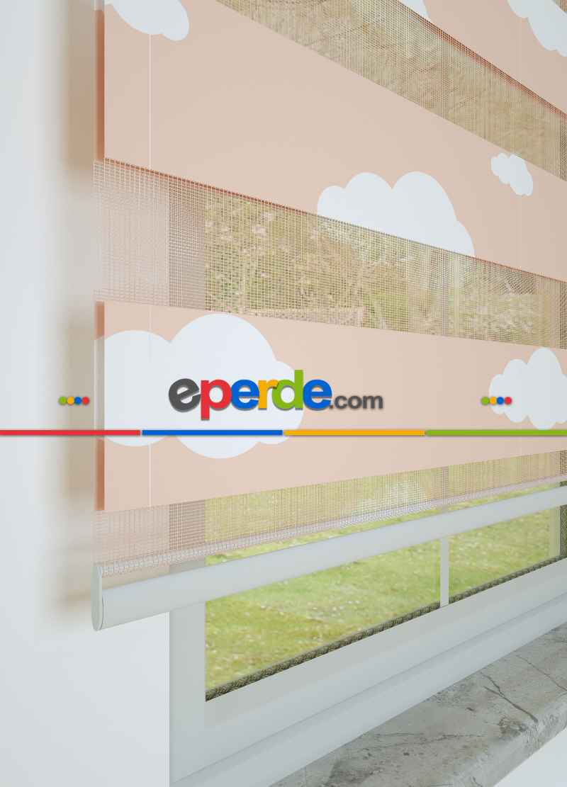 Bebek Odası - Somon Bulut Desenli Baskılı Zebra Perde