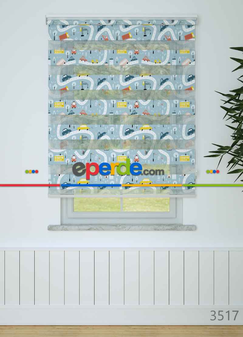 Çocuk Odası - Mavi Araba Ve Yol Desenli Baskılı Zebra Perde