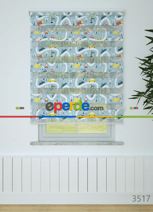 Çocuk Odası - Mavi Araba Ve Yol Desenli Baskılı Zebra Perde