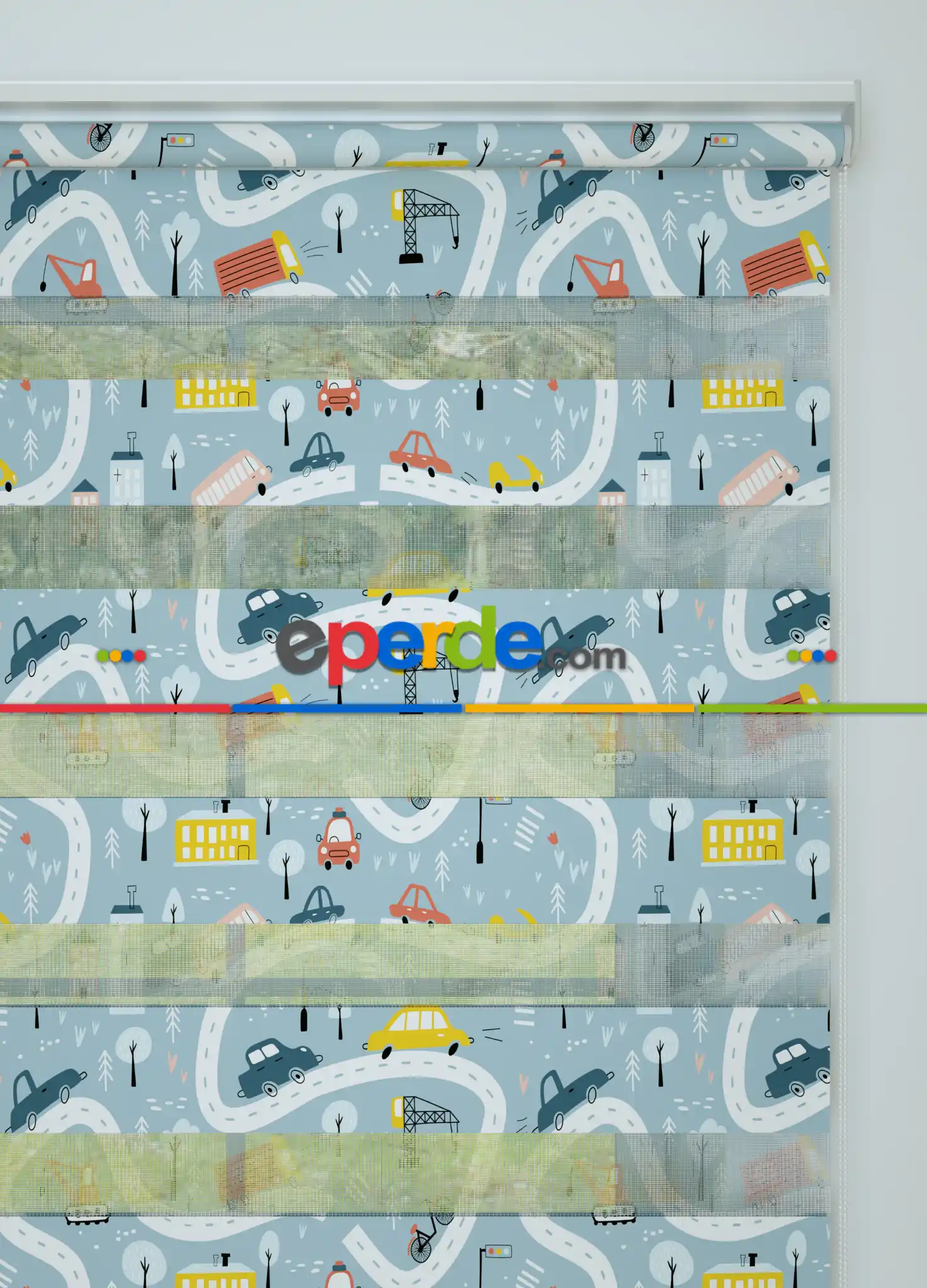 Bebek Odası - Mavi Araba Ve Yol Desenli Baskılı Zebra Perde