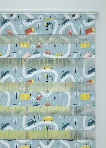 Bebek Odası - Mavi Araba Ve Yol Desenli Baskılı Zebra Perde
