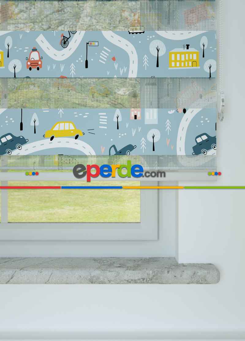 Çocuk Odası - Mavi Araba Ve Yol Desenli Baskılı Zebra Perde