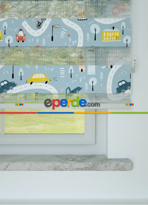 Çocuk Odası - Mavi Araba Ve Yol Desenli Baskılı Zebra Perde