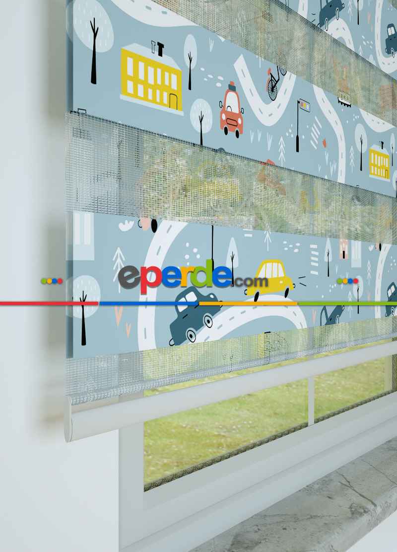 Çocuk Odası - Mavi Araba Ve Yol Desenli Baskılı Zebra Perde