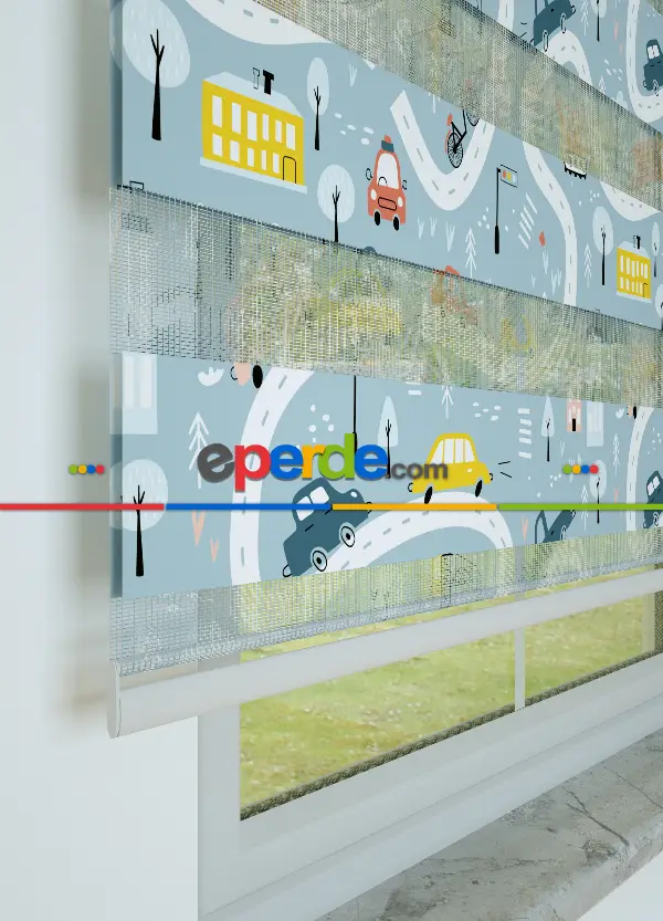 Çocuk Odası - Mavi Araba Ve Yol Desenli Baskılı Zebra Perde