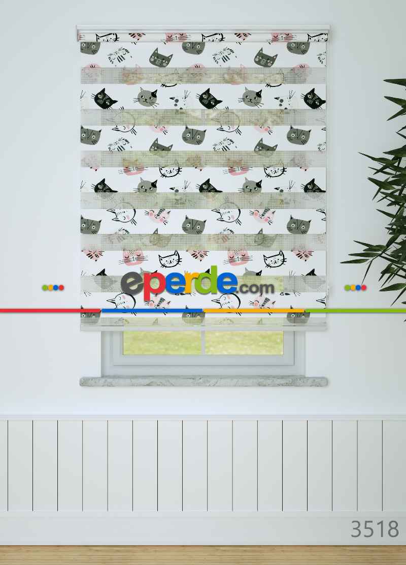 Çocuk Odası - Pembe Gri Kedi Desenli Baskılı Zebra Perde