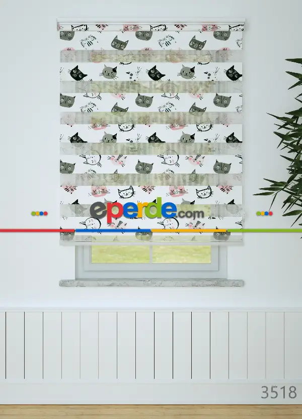 Çocuk Odası - Pembe Gri Kedi Desenli Baskılı Zebra Perde