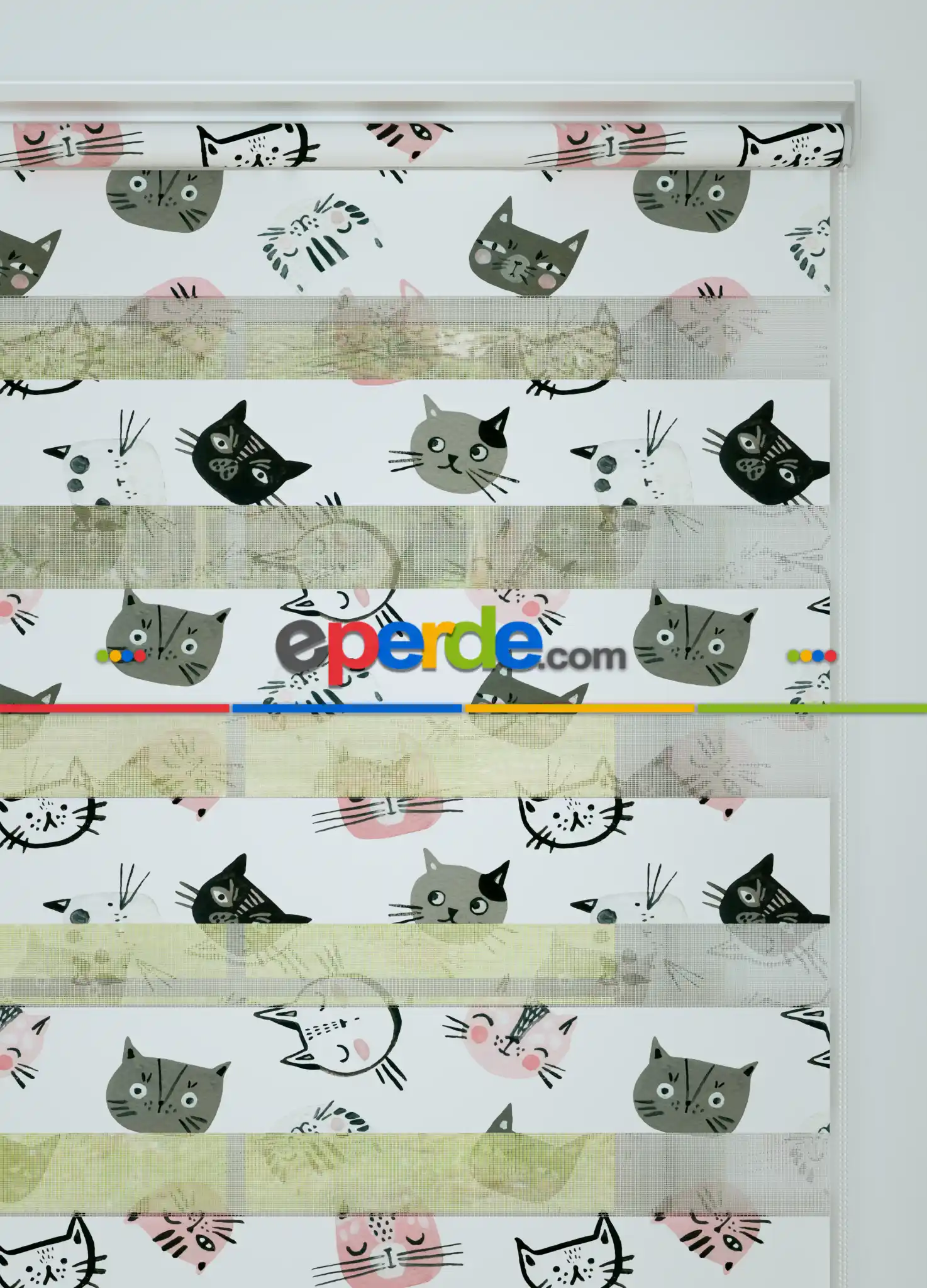 Pembe Gri Kedi Desenli Baskılı Zebra Perde