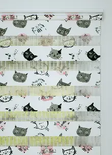 Çocuk Odası - Pembe Gri Kedi Desenli Baskılı Zebra Perde