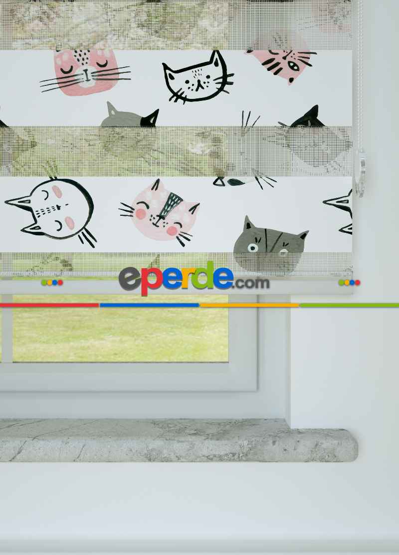 Çocuk Odası - Pembe Gri Kedi Desenli Baskılı Zebra Perde