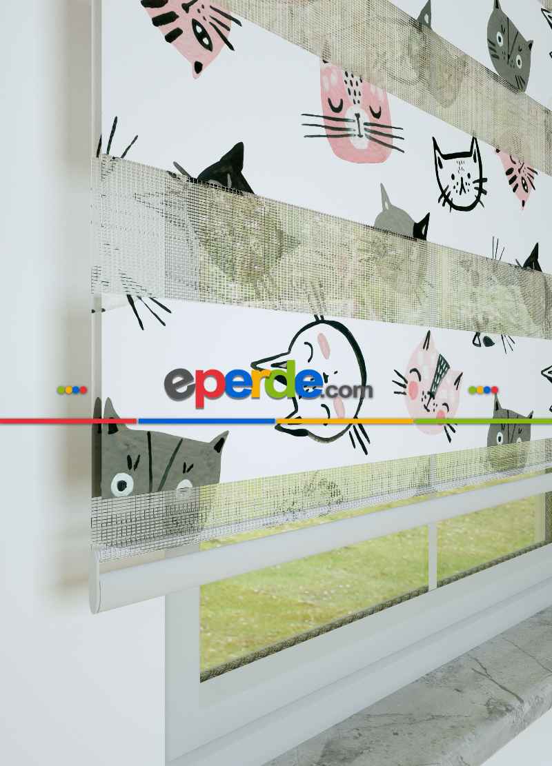 Çocuk Odası - Pembe Gri Kedi Desenli Baskılı Zebra Perde