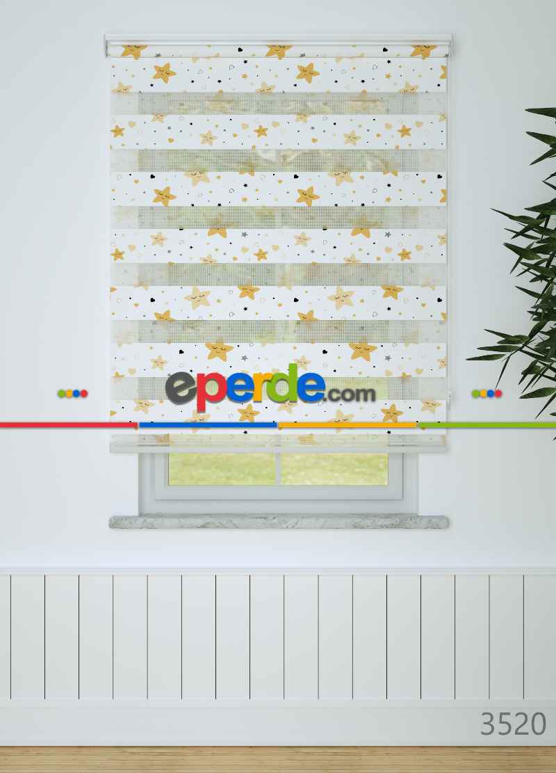 Bebek Odası - Koyu Sarı Yıldız Desenli Baskılı Zebra Perde