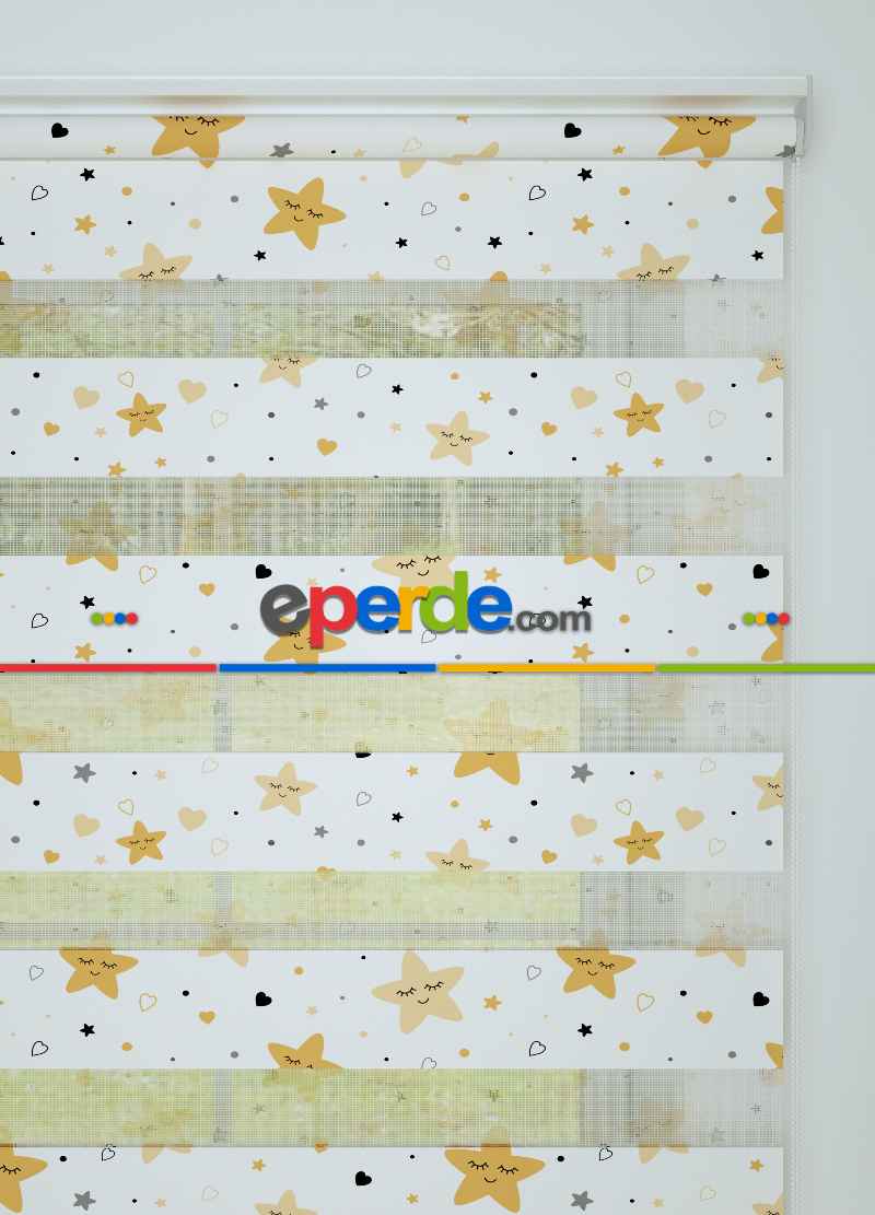 Bebek Odası - Koyu Sarı Yıldız Desenli Baskılı Zebra Perde