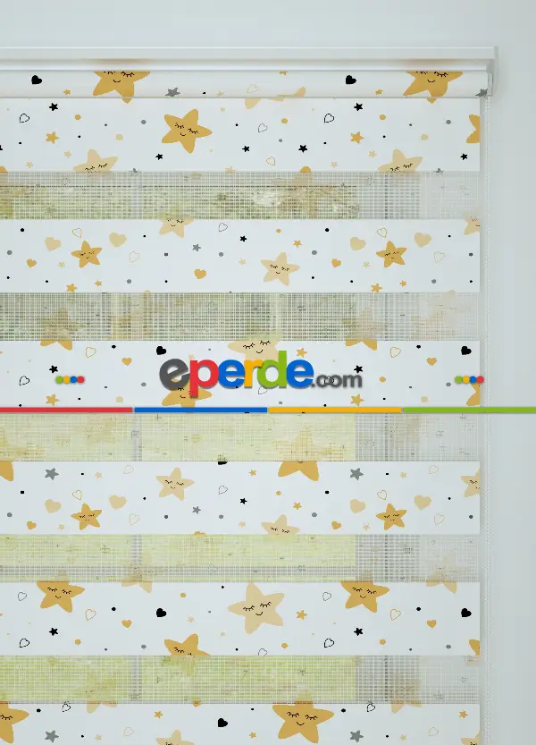 Bebek Odası - Koyu Sarı Yıldız Desenli Baskılı Zebra Perde
