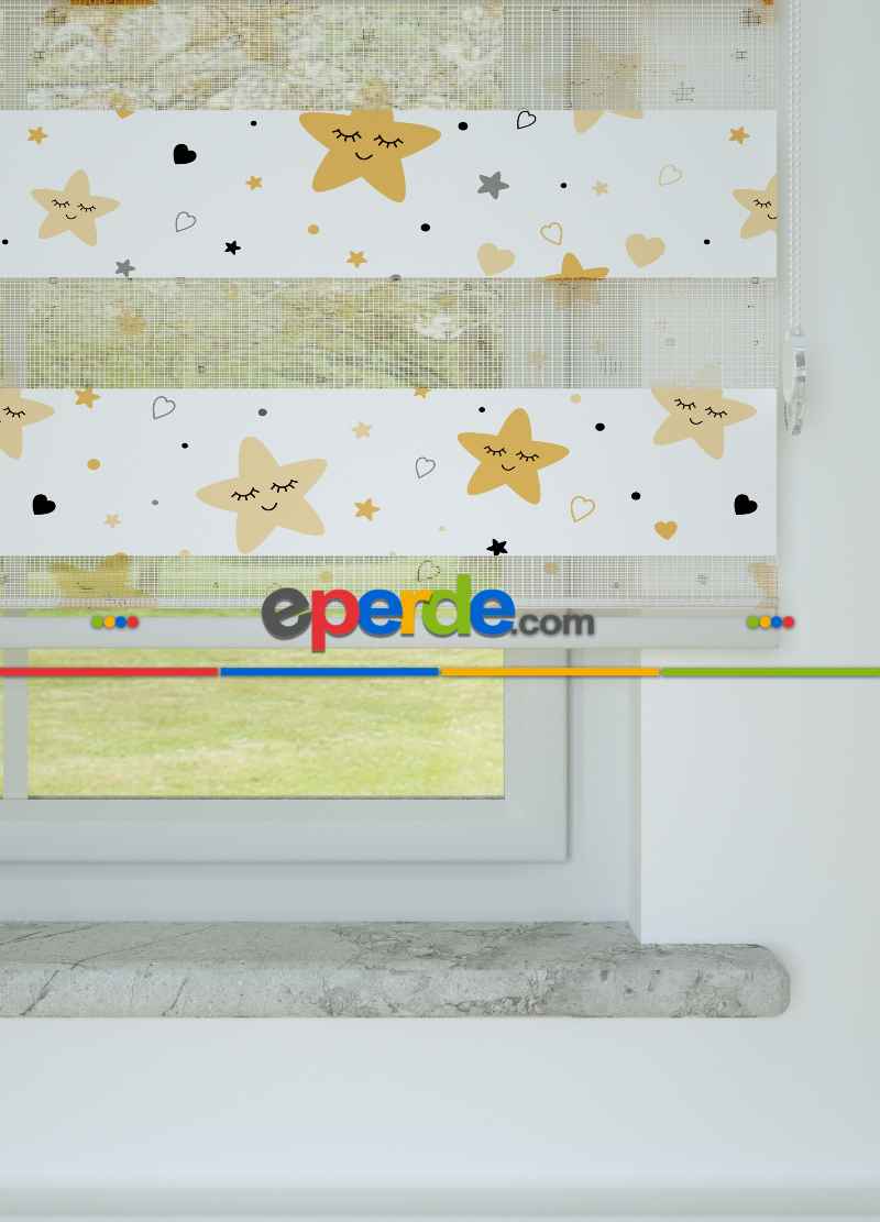 Bebek Odası - Koyu Sarı Yıldız Desenli Baskılı Zebra Perde