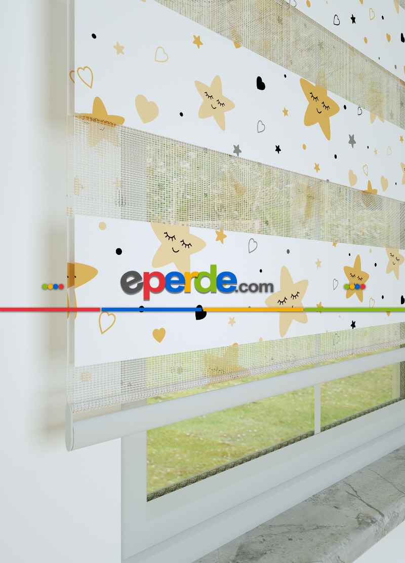 Bebek Odası - Koyu Sarı Yıldız Desenli Baskılı Zebra Perde