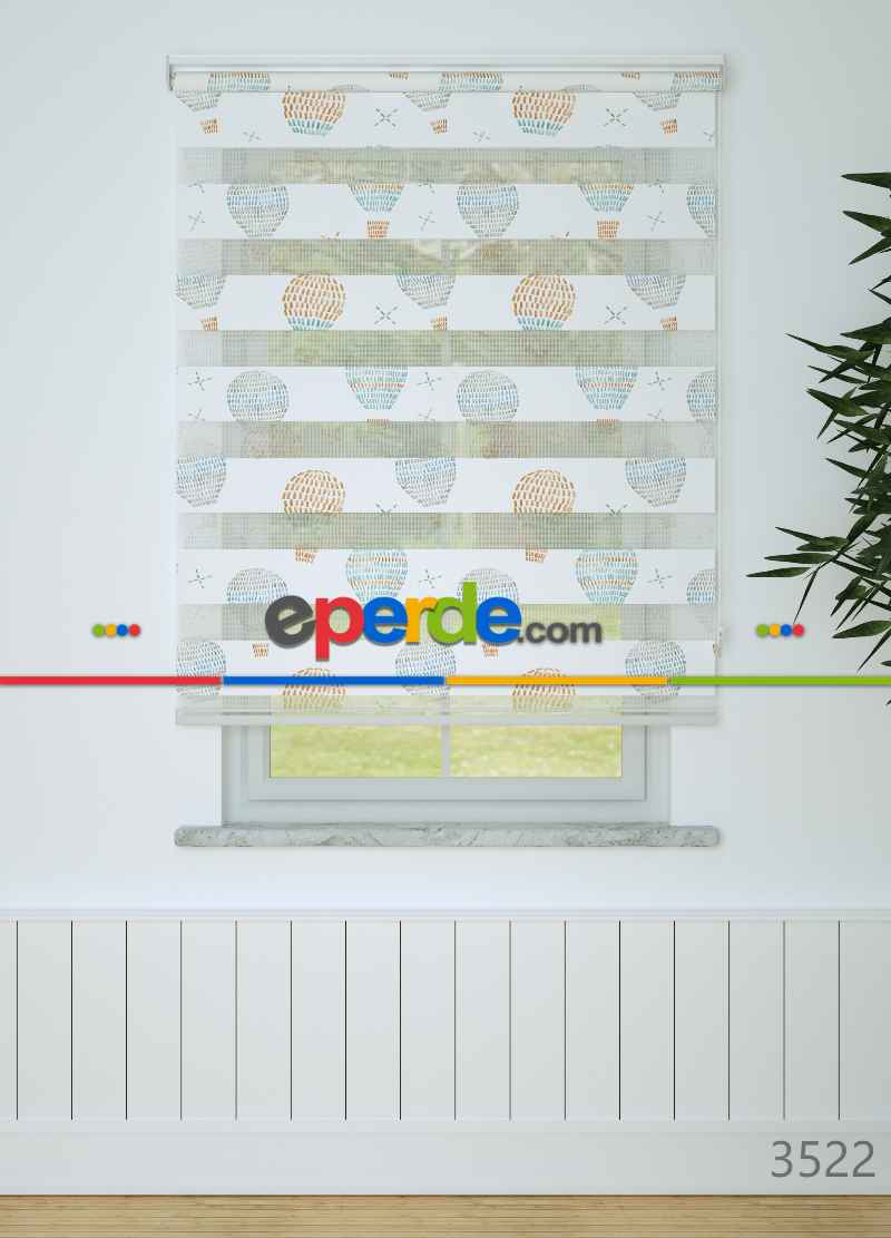 Bebek Odası - Turuncu Mavi Uçan Balon Desenli Baskılı Zebra Perde