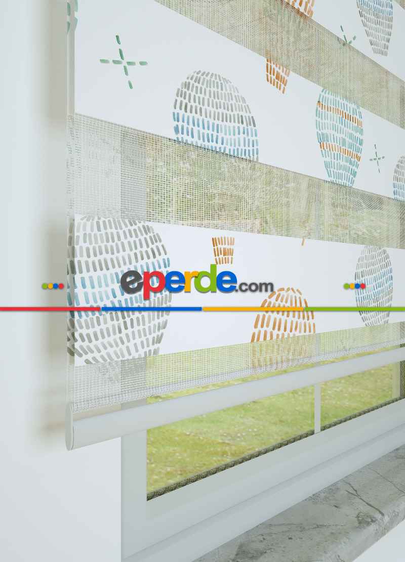 Bebek Odası - Turuncu Mavi Uçan Balon Desenli Baskılı Zebra Perde