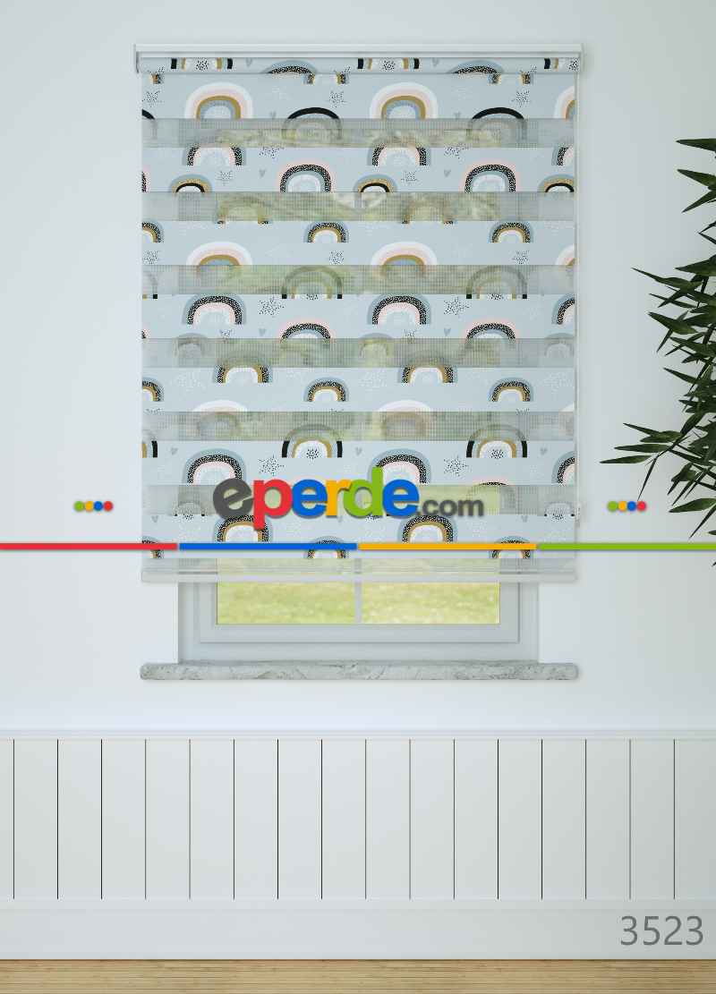 Bebek Odası - Mavi Gökkuşağı Desenli Baskılı Zebra Perde