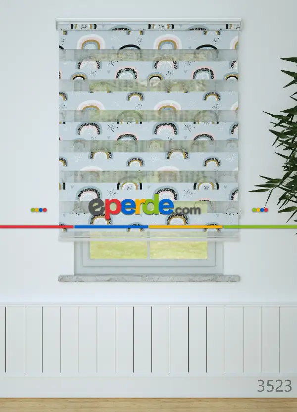 Bebek Odası - Mavi Gökkuşağı Desenli Baskılı Zebra Perde