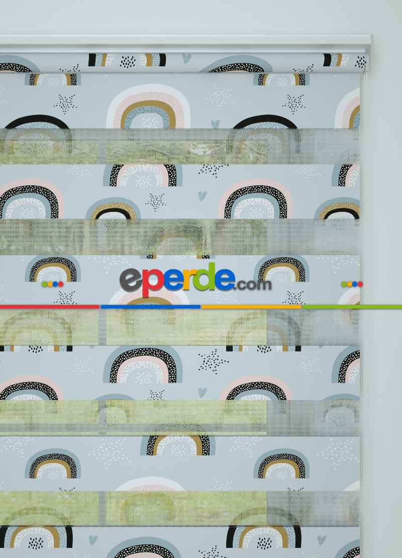 Bebek Odası - Mavi Gökkuşağı Desenli Baskılı Zebra Perde