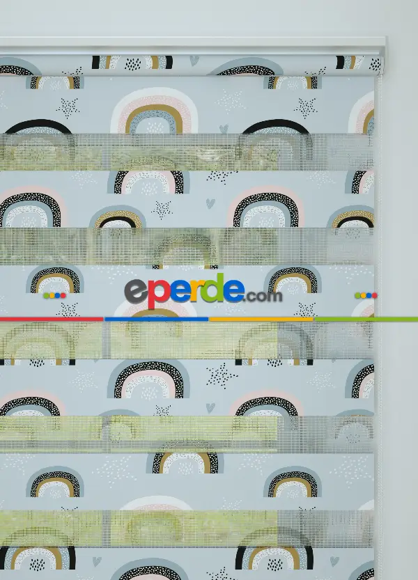 Bebek Odası - Mavi Gökkuşağı Desenli Baskılı Zebra Perde