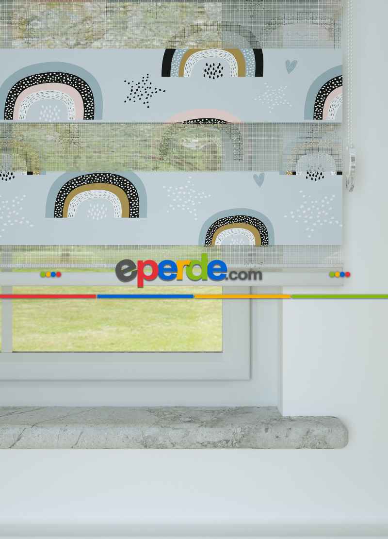 Bebek Odası - Mavi Gökkuşağı Desenli Baskılı Zebra Perde
