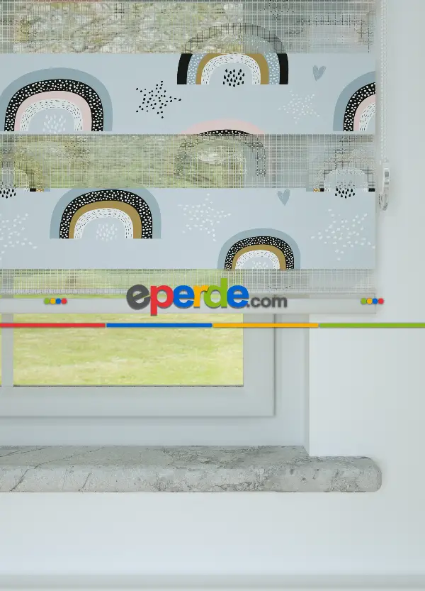 Bebek Odası - Mavi Gökkuşağı Desenli Baskılı Zebra Perde