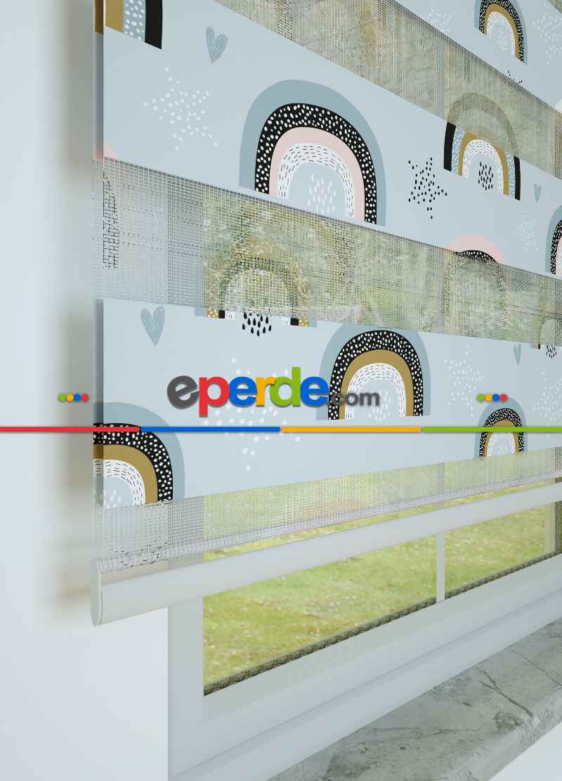 Bebek Odası - Mavi Gökkuşağı Desenli Baskılı Zebra Perde