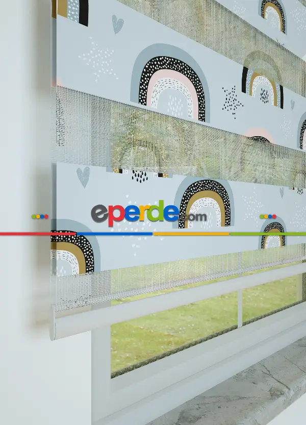 Bebek Odası - Mavi Gökkuşağı Desenli Baskılı Zebra Perde