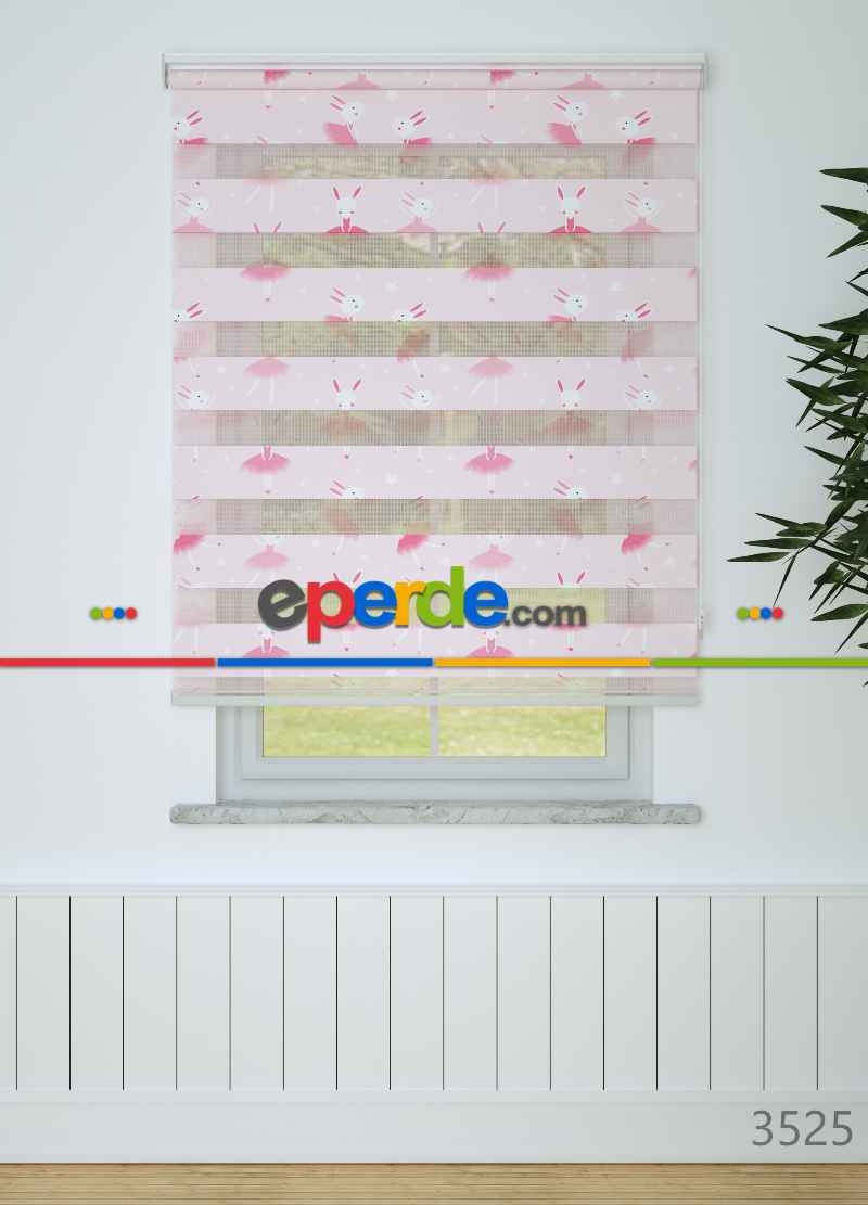 Çocuk Odası - Pembe Dansçı Tavşan Desenli Baskılı Zebra Perde