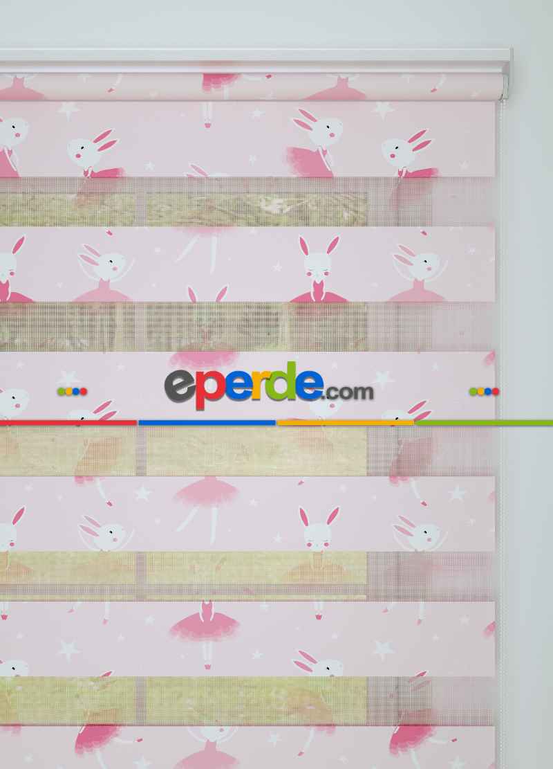 Çocuk Odası - Pembe Dansçı Tavşan Desenli Baskılı Zebra Perde