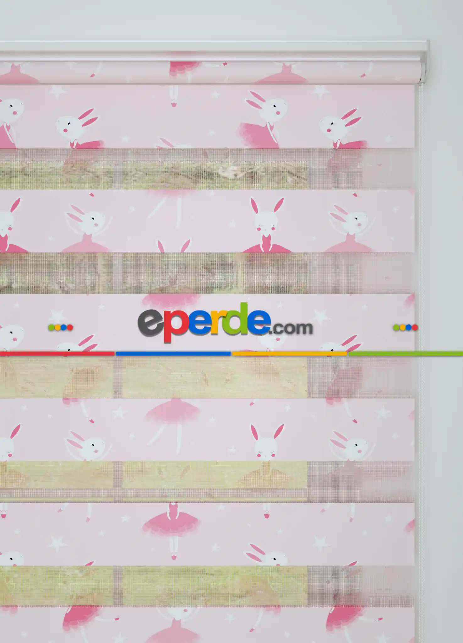 Bebek Odası - Pembe Dansçı Tavşan Desenli Baskılı Zebra Perde