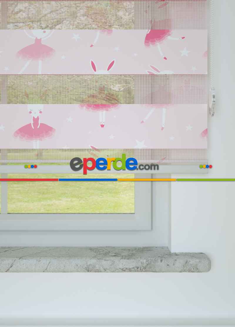 Çocuk Odası - Pembe Dansçı Tavşan Desenli Baskılı Zebra Perde