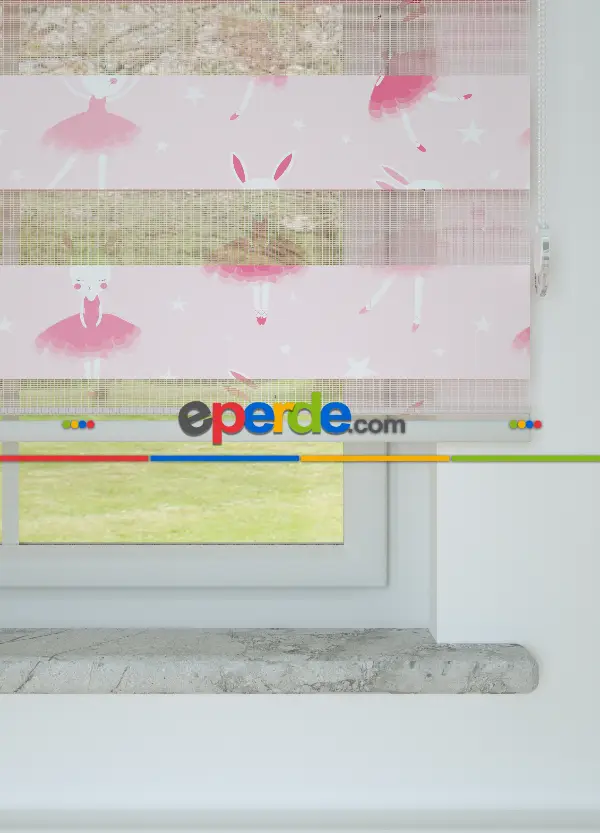 Bebek Odası - Pembe Dansçı Tavşan Desenli Baskılı Zebra Perde