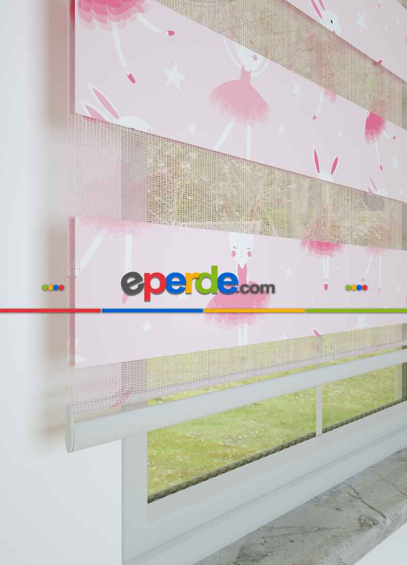 Çocuk Odası - Pembe Dansçı Tavşan Desenli Baskılı Zebra Perde