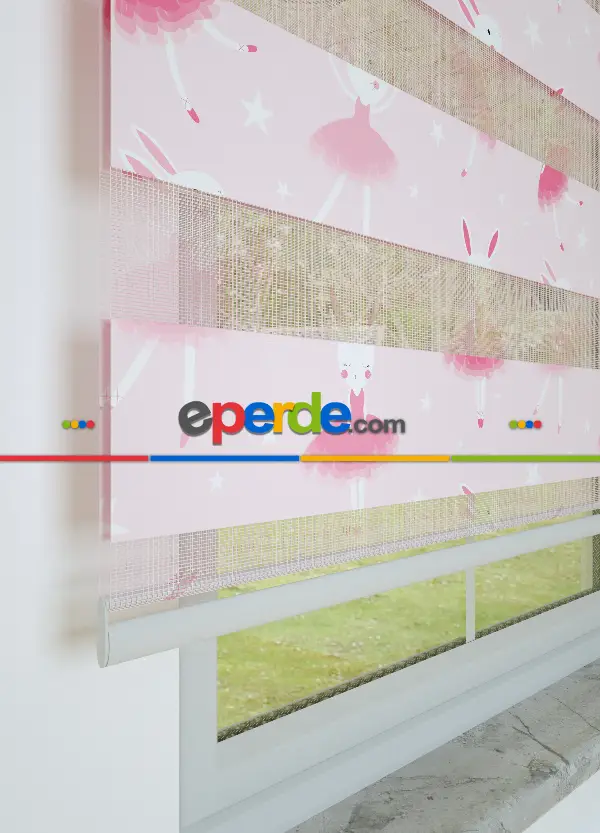 Bebek Odası - Pembe Dansçı Tavşan Desenli Baskılı Zebra Perde