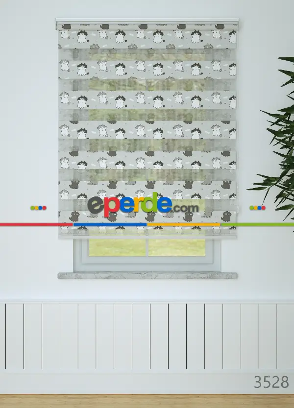 Çocuk Odası - Gri Kedi Desenli Baskılı Zebra Perde