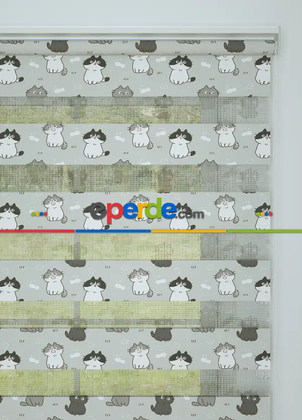 Çocuk Odası - Gri Kedi Desenli Baskılı Zebra Perde