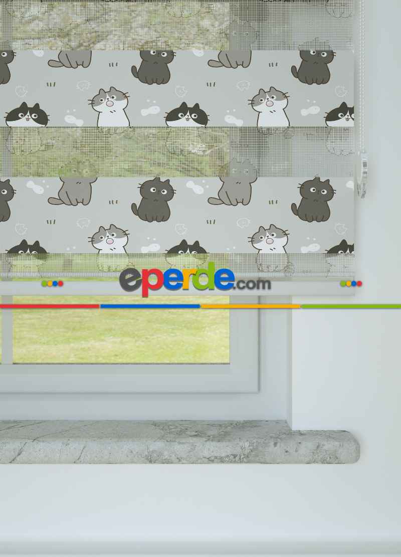 Gri Kedi Desenli Baskılı Zebra Perde