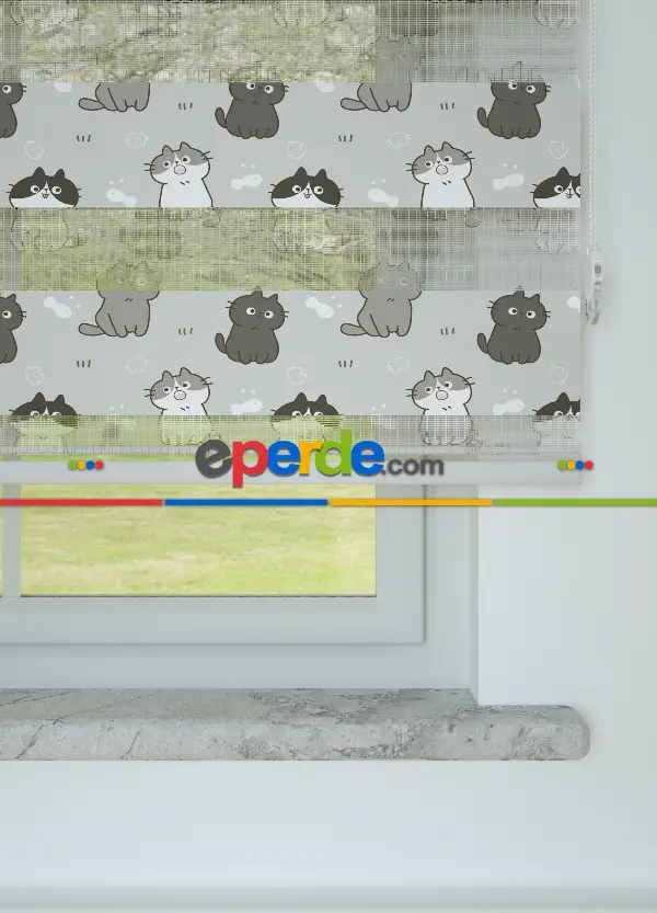Çocuk Odası - Gri Kedi Desenli Baskılı Zebra Perde